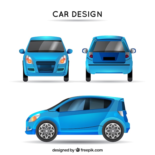 Carro azul em diferentes visualizações