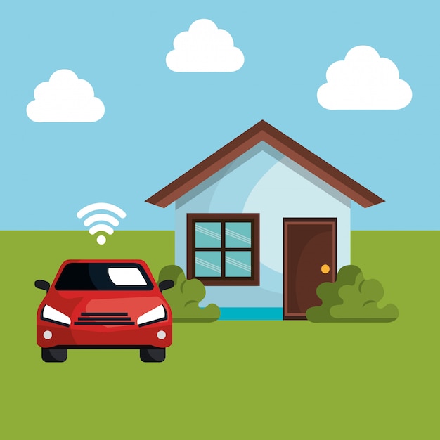 Carro com sinal wifi e casa