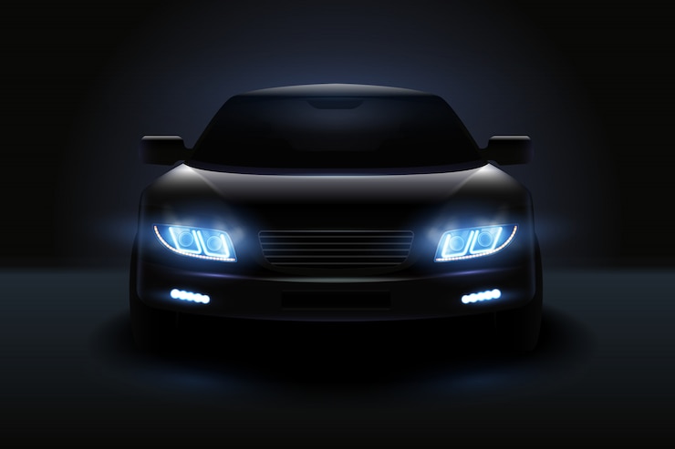 Vetor grátis carro conduziu a composição realista de luzes com a silhueta escura do automóvel com faróis esmaecidos e ilustração de sombras