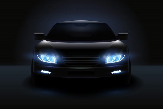 Carro conduziu a composição realista de luzes com a silhueta escura do automóvel com faróis esmaecidos e ilustração de sombras