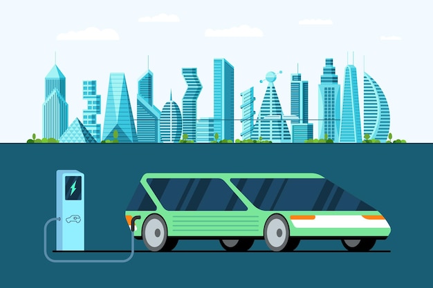 Carro elétrico verde na estação de recarga de energia de reabastecimento com a tecnologia de veículos modernos da cidade do futuro