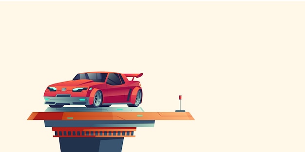 Carro esporte vermelho na plataforma extensível futurista