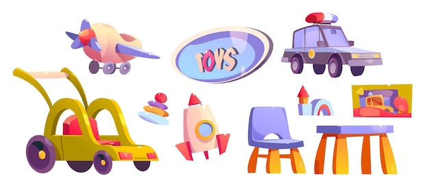 Carro na loja de brinquedos ícone de jogo ilustração de desenho animado interior de loja de bebês isolado com mesa de cadeira de foguete de plástico e avião produtos de jardim de infância ou pré-escolar clipart elemento gráfico de compras infância