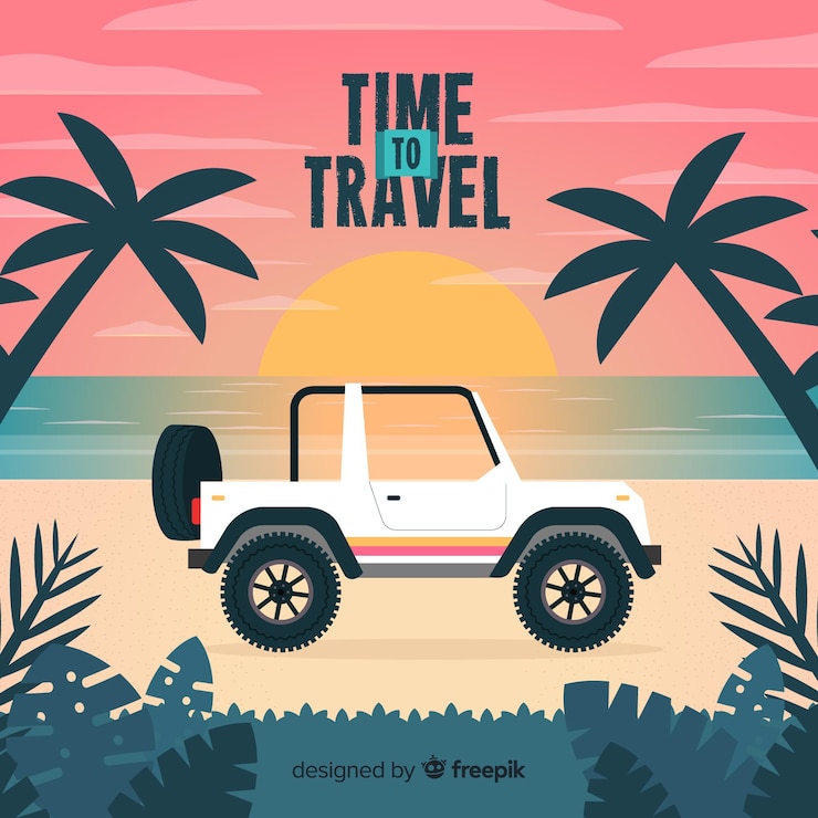 Vetor grátis carro na praia costa viajar fundo
