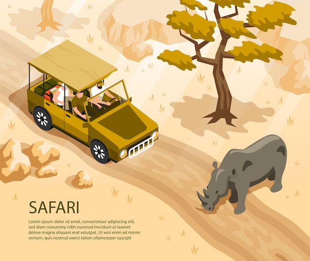 Carro safari com turistas e rinoceronte cruzando a estrada 3d isométrica