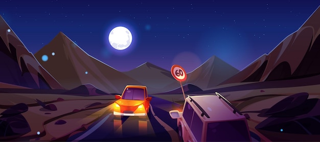 Carros dirigindo estrada deserta de montanha à noite