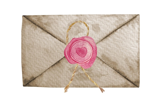 Carta de envelope de correio vintage em aquarela com selo de cera de amor rosa dia dos namorados