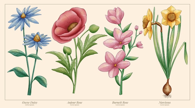 Carta de flores botânicas em aquarela