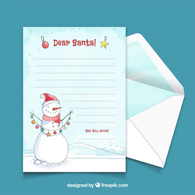 Carta de natal de aquarela com um boneco de neve