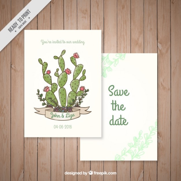 Vetor grátis cartão bonito do casamento com mão desenhada cactus