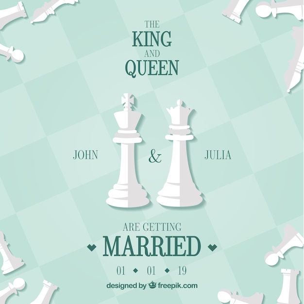 Cartão casamento, com, xadrez, pedaços Vetor grátis