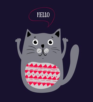 Cartão com personagem de gato cinza, dizendo olá.