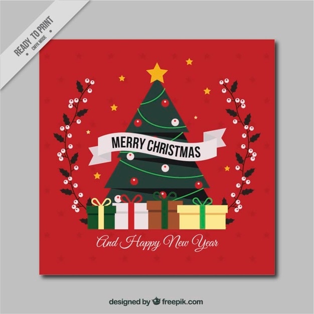 Vetor grátis cartão da árvore de natal com presentes