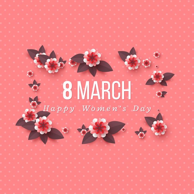 Cartão de 8 de março para o dia internacional da mulher. Flores de corte de papel.