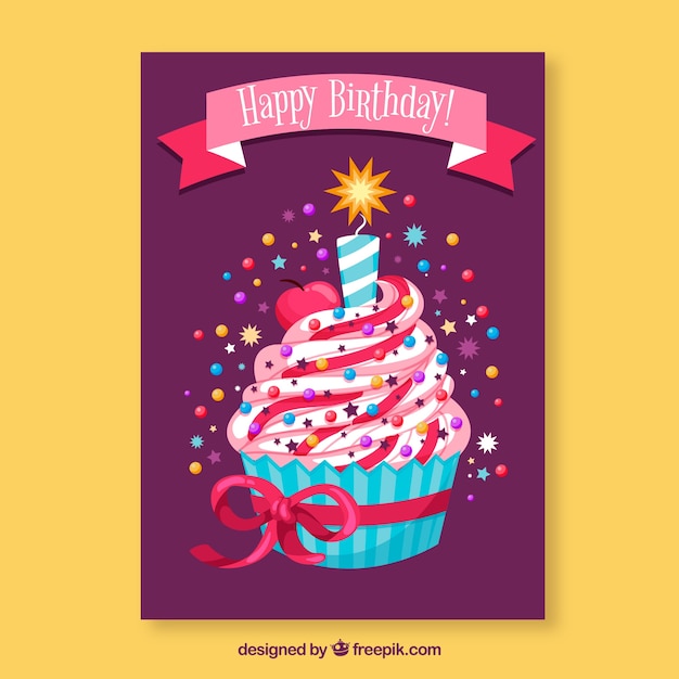 Cartão de aniversário com cupcake em mão estilo desenhado