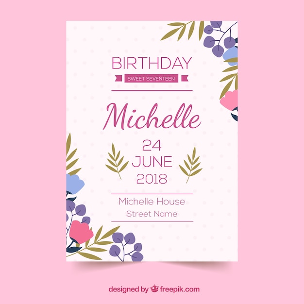 Cartão de aniversário com flores em estilo plano