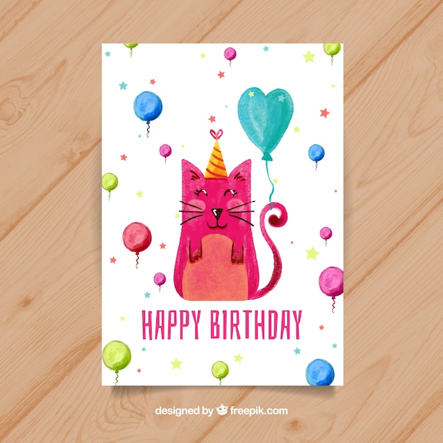 Cartão de aniversário de aquarela com um gato