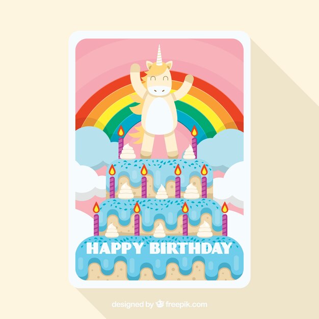 Cartão de aniversário engraçado com um unicórnio em um bolo