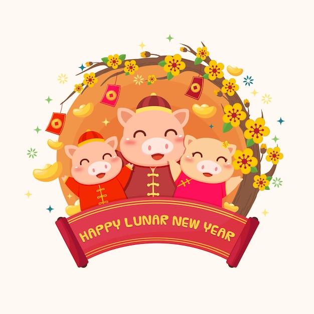 Cartão de ano novo lunar com família de porco feliz