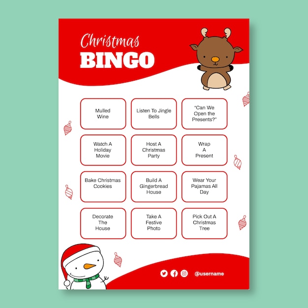 Cartão de bingo de natal bonito desenhado de mão