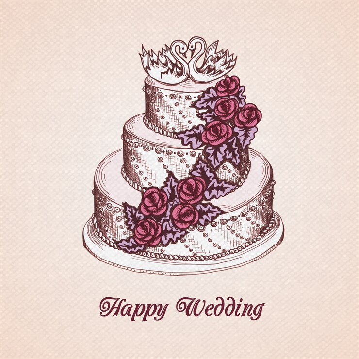 Vetor grátis cartão de casamento feliz com bolo decorado com flor de creme guirlanda e ilustração vetorial cisnes