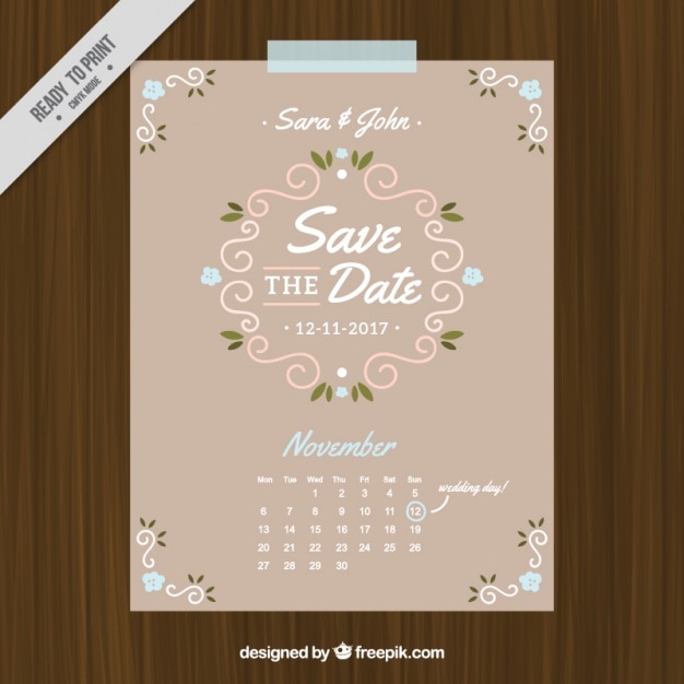 Cartão de casamento no estilo do vintage com o calendário