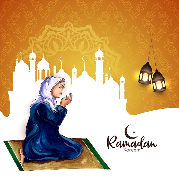 Vetor grátis cartão de celebração do festival ramadan kareem com mulher muçulmana oferecendo namaz
