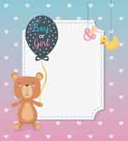 Vetor grátis cartão de chuveiro de bebê com ursinho ursinho e balões de hélio