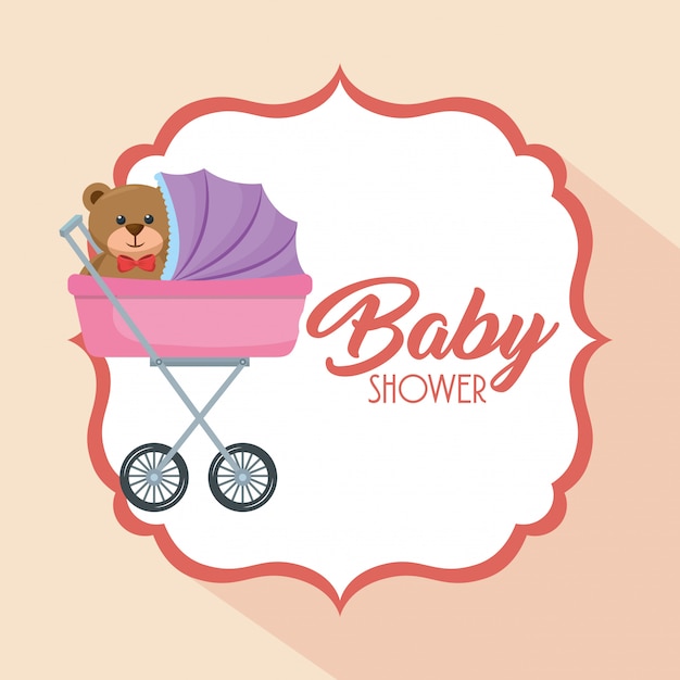 Cartão de chuveiro de bebê com urso teddy no carrinho