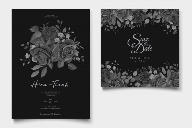 Cartão de convite de casamento bonito com guirlanda floral preta