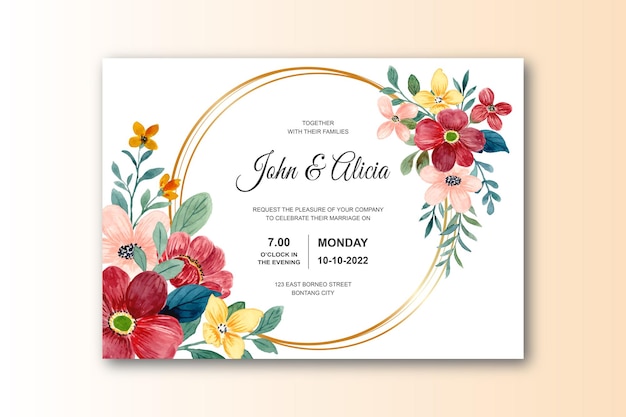 Cartão de convite de casamento com aquarela flor vermelha