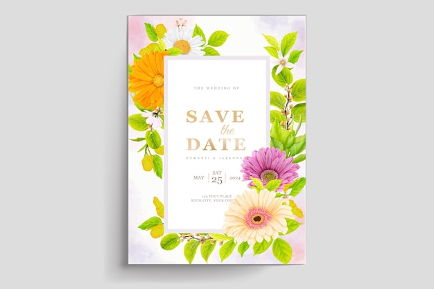 Cartão de convite de casamento com aquarela floral