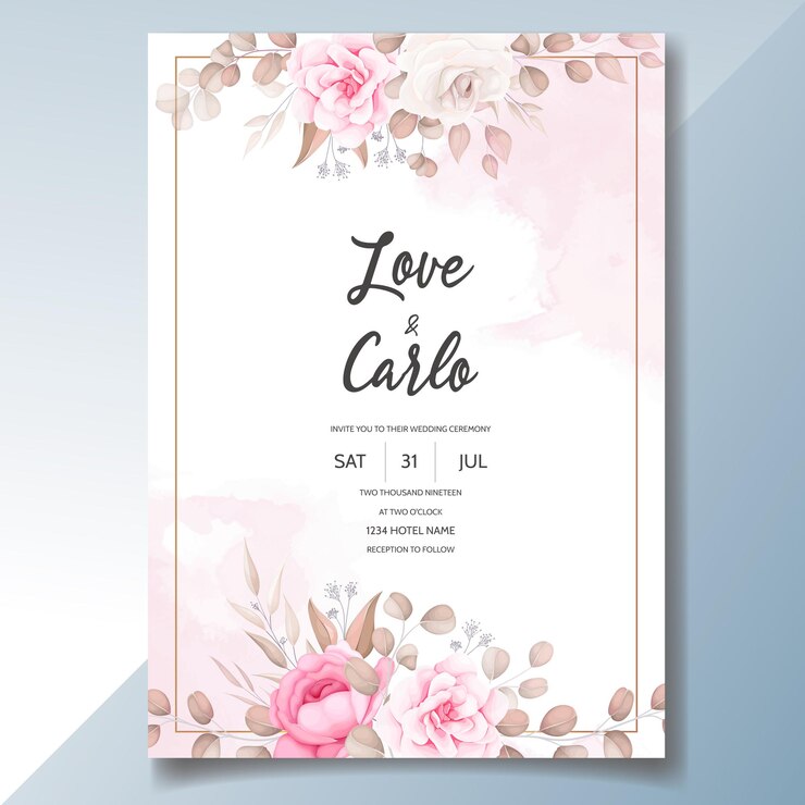 Vetor grátis cartão de convite de casamento com lindos enfeites de flores