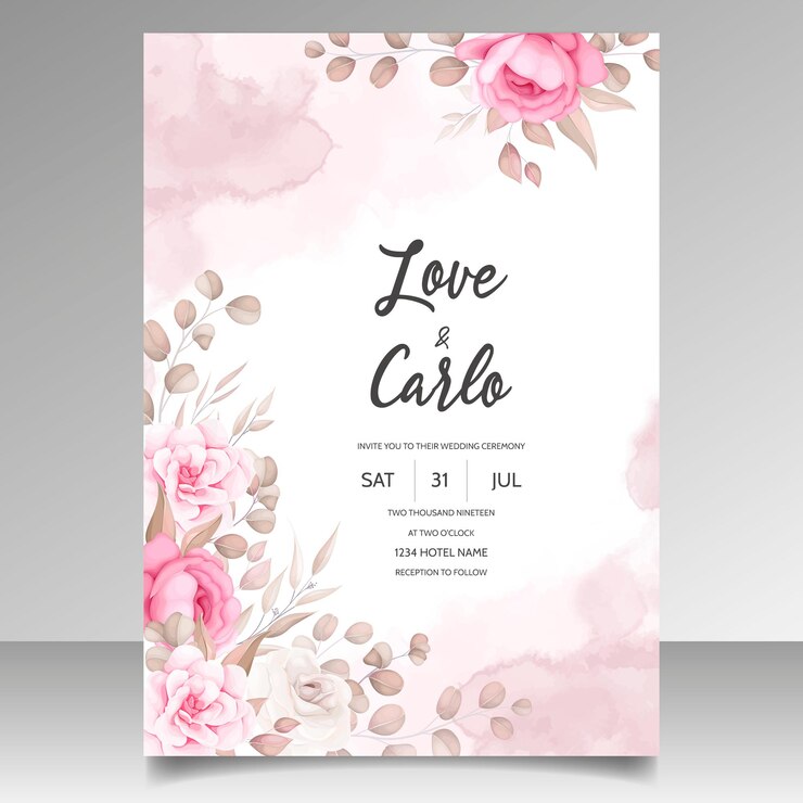 Vetor grátis cartão de convite de casamento com lindos enfeites de flores