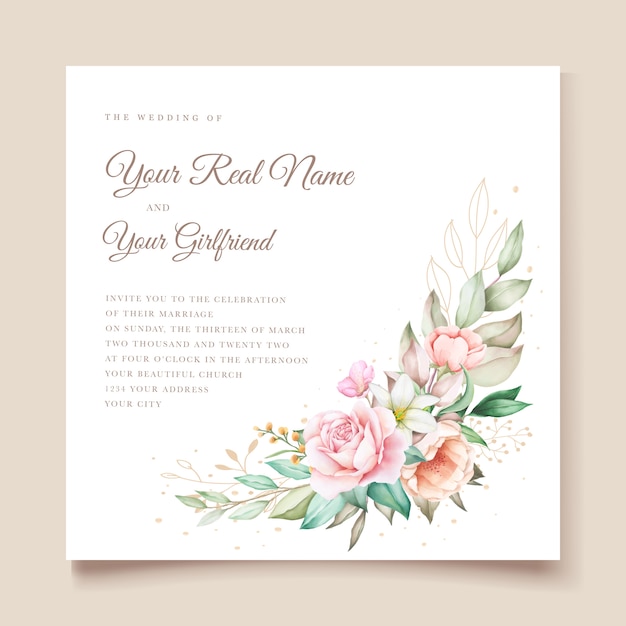 Cartão de convite de casamento com suave verde aquarela floral