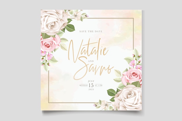 Cartão de convite de casamento desenhado à mão com rosas macias