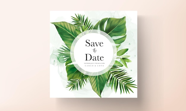 Cartão de convite de casamento elegante com aquarela de folhas verdes tropicais