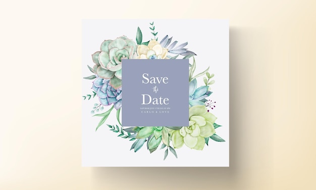 cartão de convite de casamento elegante com aquarela linda flor suculenta