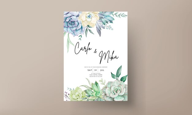 cartão de convite de casamento elegante com aquarela linda flor suculenta