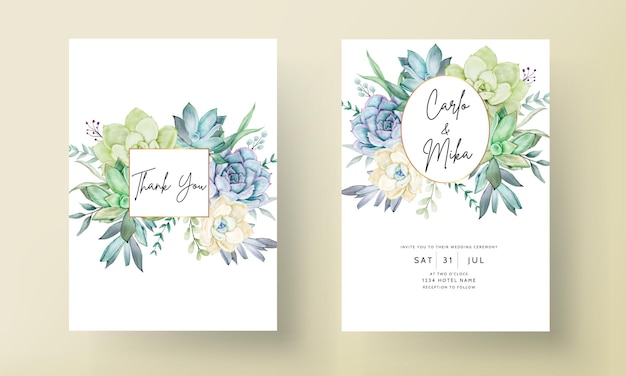 Cartão de convite de casamento elegante com aquarela linda flor suculenta