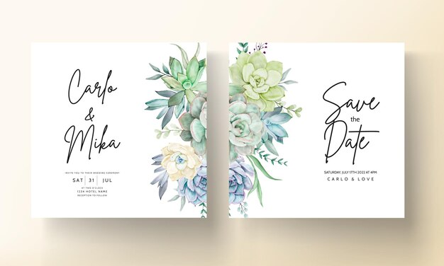 cartão de convite de casamento elegante com aquarela linda flor suculenta