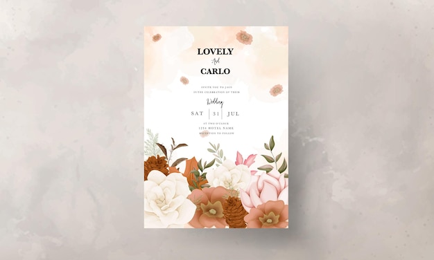 Vetor grátis cartão de convite de casamento floral outono com flor de rosa e pinheiro