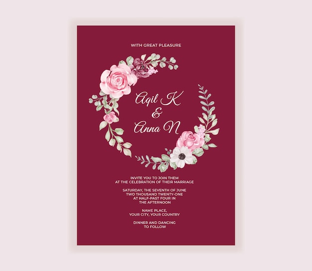 Cartão de convite de casamento moderno com bela guirlanda de flores