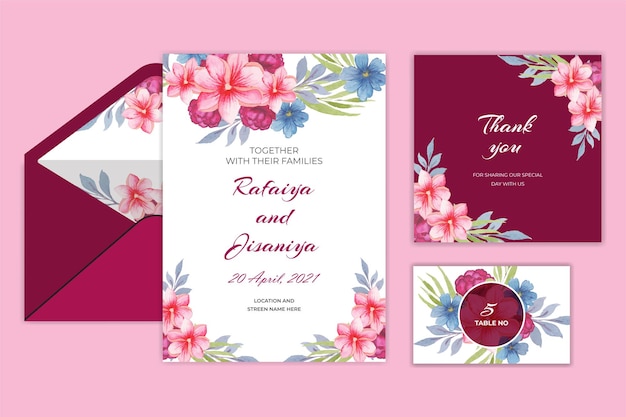 Cartão de convite de casamento vintage com flores e folhas