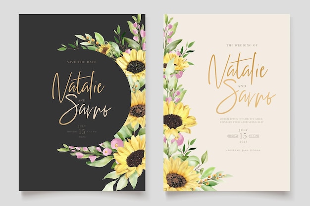 Cartão de convite de flor de sol desenhado à mão elegante