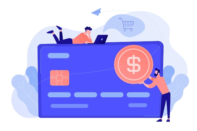 Cartão de crédito com moedas de dólar e usuários. comércio eletrônico e compras online, operações financeiras e cartão plástico, pagamento móvel e conceito bancário. ilustração isolada em vetor.