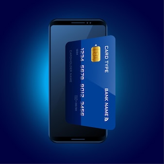 Cartão de crédito saindo do fundo do conceito móvel