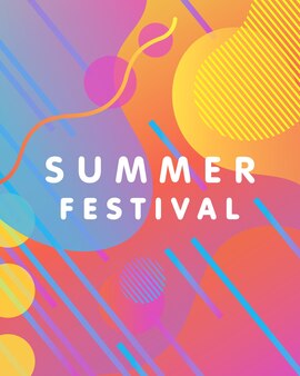 Cartão de design artístico exclusivo - festival de verão com fundo gradiente, formas e elementos geométricos em estilo memphis. cartaz brilhante perfeito para impressões, panfletos, banners, convites e muito mais.