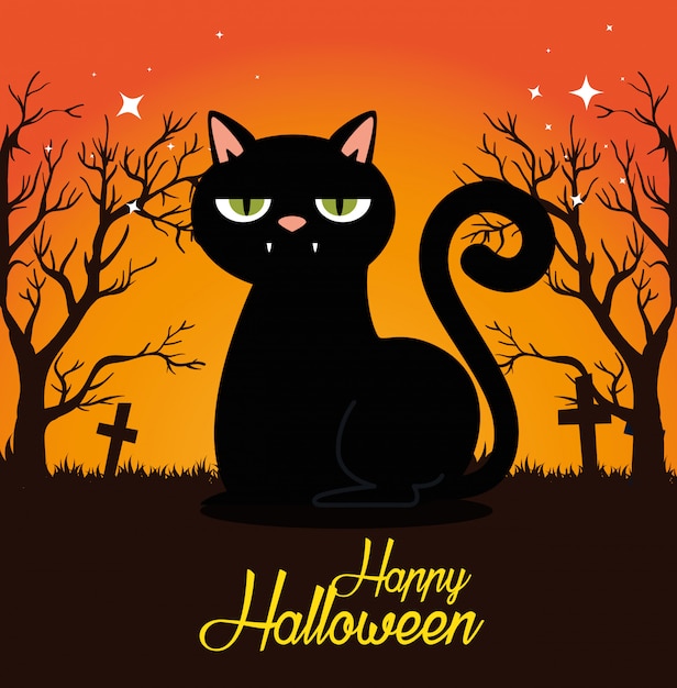 Cartão de dia das bruxas com gato preto no cemitério