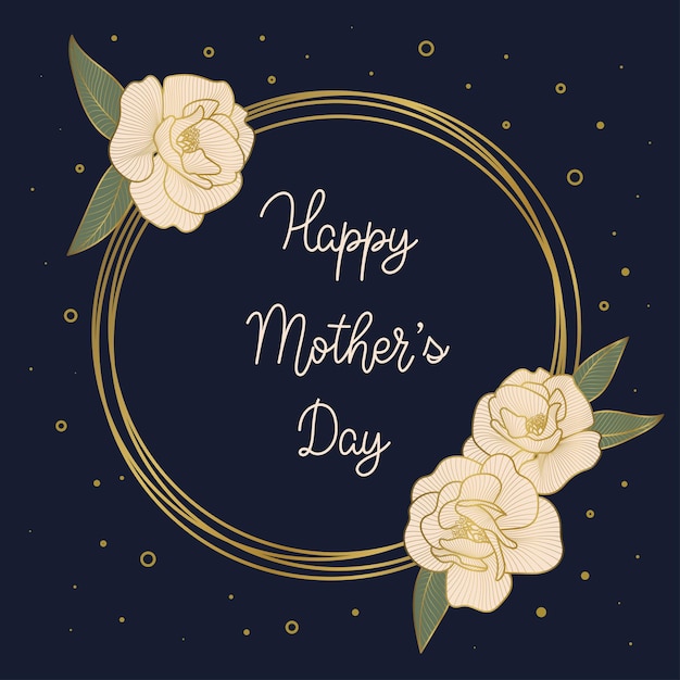 Cartão de dia das mães feliz com letras de flores de ouro de luxo com peônias de moldura de ouro e confetes Vetor Premium